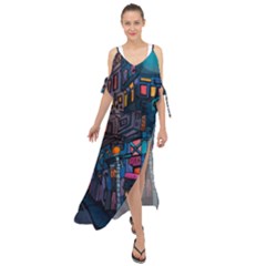 Wallet City Art Graffiti Maxi Chiffon Cover Up Dress