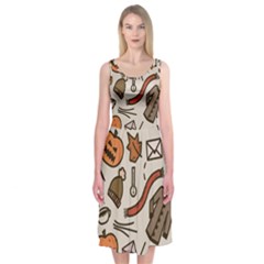 Halloween Doodle Autumn Pumpkin Midi Sleeveless Dress by Bedest