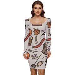 Halloween Doodle Autumn Pumpkin Women Long Sleeve Ruched Stretch Jersey Dress by Bedest