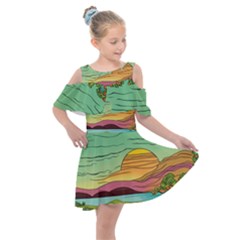 Painting Colors Box Green Kids  Shoulder Cutout Chiffon Dress