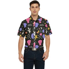 Sea Shells Pattern Wallpaper Fish Men s Short Sleeve Pocket Shirt  by Maspions