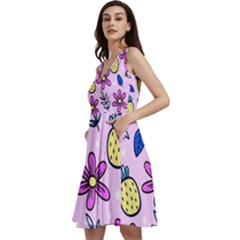 Flowers Petals Pineapples Fruit Sleeveless V-neck Skater Dress With Pockets