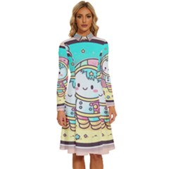 Boy Astronaut Cotton Candy Childhood Fantasy Tale Literature Planet Universe Kawaii Nature Cute Clou Long Sleeve Shirt Collar A-line Dress by Maspions