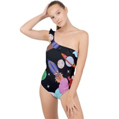 Girl Bed Space Planets Spaceship Rocket Astronaut Galaxy Universe Cosmos Woman Dream Imagination Bed Frilly One Shoulder Swimsuit by Maspions