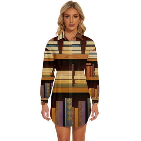 Book Nook Books Bookshelves Comfortable Cozy Literature Library Study Reading Room Fiction Entertain Womens Long Sleeve Shirt Dress by Maspions