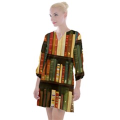 Books Bookshelves Library Fantasy Apothecary Book Nook Literature Study Open Neck Shift Dress by Grandong