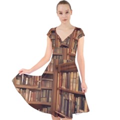 Room Interior Library Books Bookshelves Reading Literature Study Fiction Old Manor Book Nook Reading Cap Sleeve Front Wrap Midi Dress by Grandong