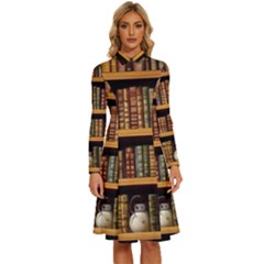 Room Interior Library Books Bookshelves Reading Literature Study Fiction Old Manor Book Nook Reading Long Sleeve Shirt Collar A-line Dress by Grandong