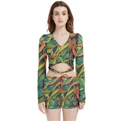 Outdoors Night Setting Scene Forest Woods Light Moonlight Nature Wilderness Leaves Branches Abstract Velvet Wrap Crop Top And Shorts Set by Grandong