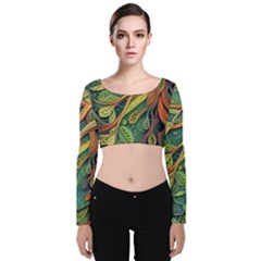 Outdoors Night Setting Scene Forest Woods Light Moonlight Nature Wilderness Leaves Branches Abstract Velvet Long Sleeve Crop Top by Grandong