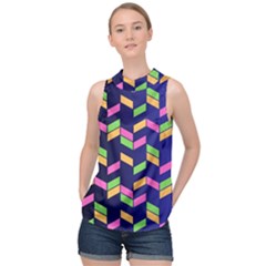 Background Pattern Geometric Pink Yellow Green High Neck Satin Top by Maspions