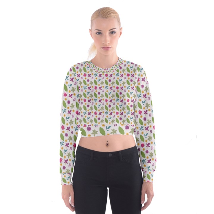 Pattern Flowers Leaves Green Purple Pink Cropped Sweatshirt