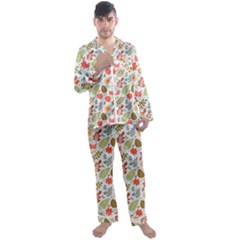 Background Pattern Flowers Design Leaves Autumn Daisy Fall Men s Long Sleeve Satin Pajamas Set