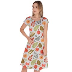 Background Pattern Flowers Design Leaves Autumn Daisy Fall Classic Short Sleeve Dress