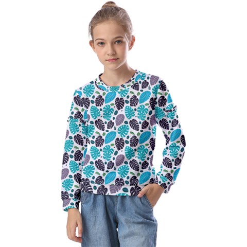 Leaves Monstera Pattern Nature Blue Purple Mauve Flora Kids  Long Sleeve T-shirt With Frill  by Maspions
