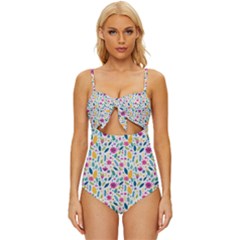 Background Pattern Leaves Pink Flowers Spring Yellow Leaves Knot Front One-piece Swimsuit by Maspions