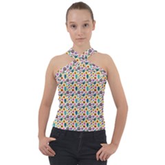 Floral Flowers Leaves Tropical Pattern Cross Neck Velour Top