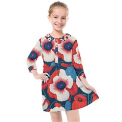 Red Poppies Flowers Art Nature Pattern Kids  Quarter Sleeve Shirt Dress