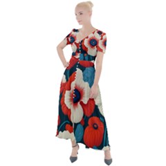 Red Poppies Flowers Art Nature Pattern Button Up Short Sleeve Maxi Dress by Maspions