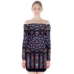 Chartres Cathedral Notre Dame De Paris Stained Glass Long Sleeve Off Shoulder Dress by Maspions