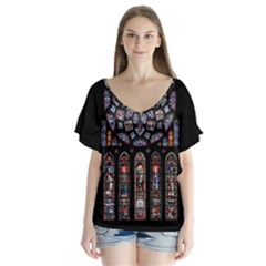 Chartres Cathedral Notre Dame De Paris Stained Glass V-neck Flutter Sleeve Top