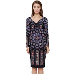 Chartres Cathedral Notre Dame De Paris Stained Glass Long Sleeve V-neck Bodycon Dress  by Maspions