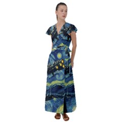 Spaceship Starry Night Van Gogh Painting Flutter Sleeve Maxi Dress by Maspions