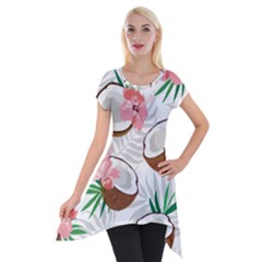 Seamless Pattern Coconut Piece Palm Leaves With Pink Hibiscus Short Sleeve Side Drop Tunic by Apen