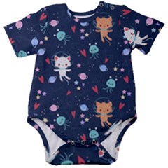 Cute Astronaut Cat With Star Galaxy Elements Seamless Pattern Baby Short Sleeve Bodysuit by Apen