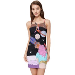 Girl Bed Space Planets Spaceship Rocket Astronaut Galaxy Universe Cosmos Woman Dream Imagination Bed Summer Tie Front Dress