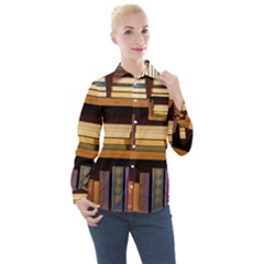 Book Nook Books Bookshelves Comfortable Cozy Literature Library Study Reading Room Fiction Entertain Women s Long Sleeve Pocket Shirt