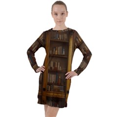 Books Book Shelf Shelves Knowledge Book Cover Gothic Old Ornate Library Long Sleeve Hoodie Dress