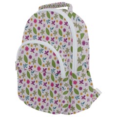 Pattern Flowers Leaves Green Purple Pink Rounded Multi Pocket Backpack