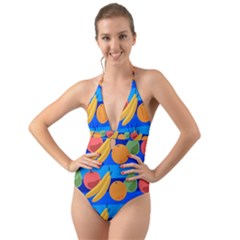 Fruit Texture Wave Fruits Halter Cut-out One Piece Swimsuit by Askadina