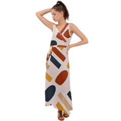 Boho Bohemian Style Design Minimalist Aesthetic Pattern Art Shapes Lines V-neck Chiffon Maxi Dress