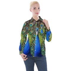 Peacock Bird Feathers Pheasant Nature Animal Texture Pattern Women s Long Sleeve Pocket Shirt