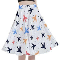 Airplane Pattern Plane Aircraft Fabric Style Simple Seamless A-line Full Circle Midi Skirt With Pocket