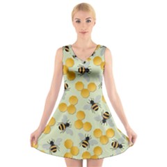 Bees Pattern Honey Bee Bug Honeycomb Honey Beehive V-neck Sleeveless Dress