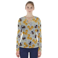 Bees Pattern Honey Bee Bug Honeycomb Honey Beehive V-neck Long Sleeve Top