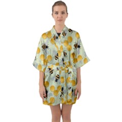 Bees Pattern Honey Bee Bug Honeycomb Honey Beehive Half Sleeve Satin Kimono 