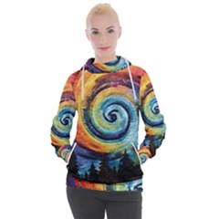 Cosmic Rainbow Quilt Artistic Swirl Spiral Forest Silhouette Fantasy Women s Hooded Pullover