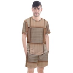 Wooden Wickerwork Texture Square Pattern Men s Mesh T-shirt And Shorts Set