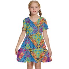 Colorful Floral Ornament, Floral Patterns Kids  Short Sleeve Tiered Mini Dress by nateshop