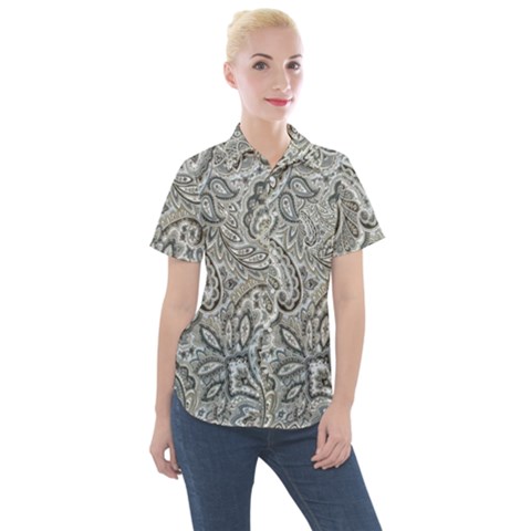 Gray Paisley Texture, Paisley Women s Short Sleeve Pocket Shirt by nateshop