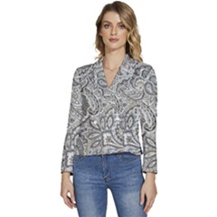 Gray Paisley Texture, Paisley Women s Long Sleeve Revers Collar Cropped Jacket by nateshop