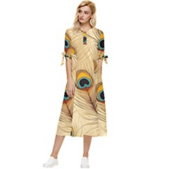 Vintage Peacock Feather Peacock Feather Pattern Background Nature Bird Nature Bow Sleeve Chiffon Midi Dress