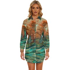 Trees Tree Forest Mystical Forest Nature Junk Journal Scrapbooking Landscape Nature Womens Long Sleeve Shirt Dress