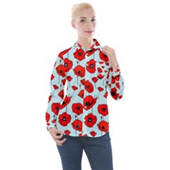 Poppies Flowers Red Seamless Pattern Women s Long Sleeve Pocket Shirt