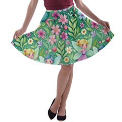 Fairies Fantasy Background Wallpaper Design Flowers Nature Colorful A-line Skater Skirt