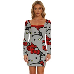 Hello Kitty, Pattern, Red Long Sleeve Square Neck Bodycon Velvet Dress by nateshop